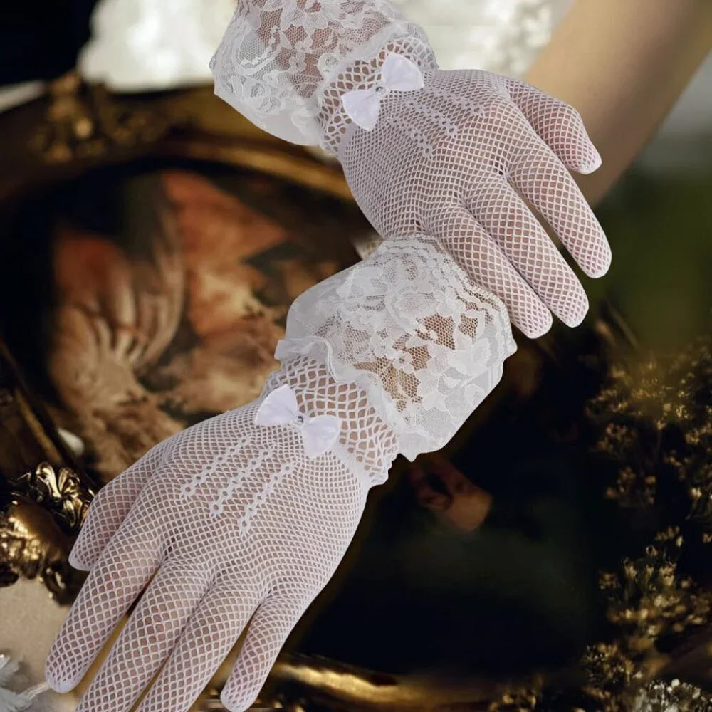Women's B-White Halloween Tea Short Lace Gloves Elegant Bridal Cosplay Party